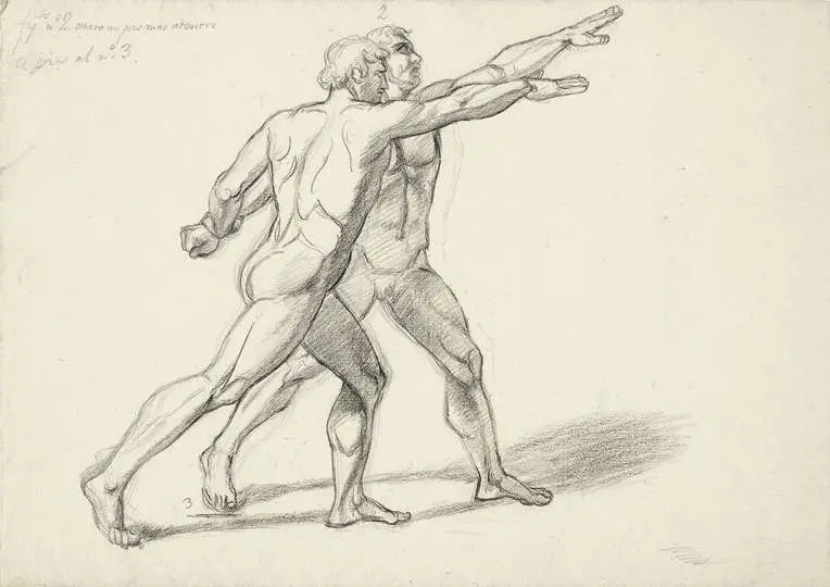 Estudio de dos hombres desnudos para La muerte de Lucrecia y el juramento de Bruto. Jos&eacute; de Madrazo. Carboncillo y l&aacute;piz sobre papel verjurado , h. 1804