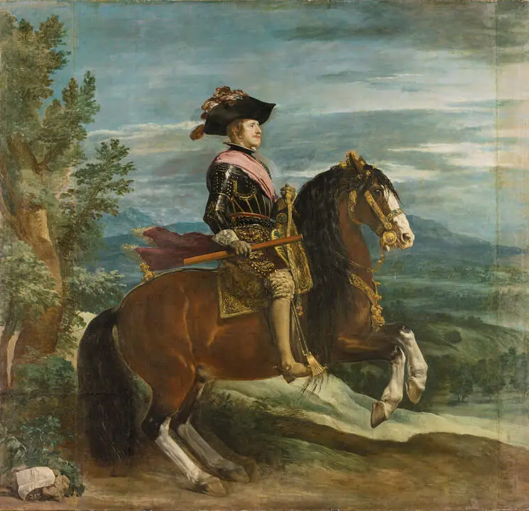 Felipe IV a caballo (antes de la restauraci&oacute;n). Diego Vel&aacute;zquez . &Oacute;leo sobre lienzo, 303 x 317 cm. Hacia 1635