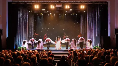 A collective of musicians, singers and dancers in gypsy costumes perform on stage.
