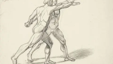 Estudio de dos hombres desnudos para La muerte de Lucrecia y el juramento de Bruto. Jos&eacute; de Madrazo. Carboncillo y l&aacute;piz sobre papel verjurado , h. 1804
