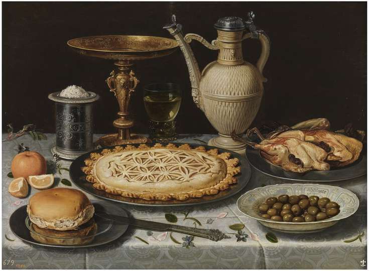 Mesa con mantel, salero, taza dorada, pastel, jarra, plato de porcelana con aceitunas y aves asadas. Clara Peeters
Madrid, Museo Nacional del Prado