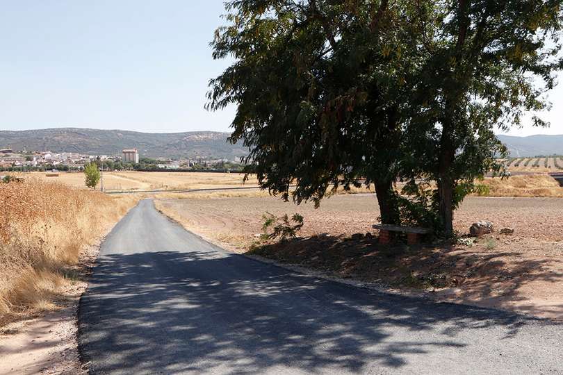 Panorámica de parte del camino asfaltado, con el casco urbano almodovareño al fondo