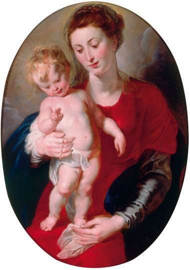 La Virgen sosteniendo un rosario con el Niño Jesús de pie bendiciendo. Peter Paul Rubens
