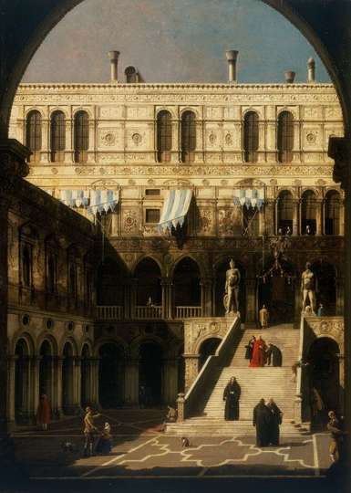 El Palacio Ducal, Venecia: La Escalinata de los Gigantes vista desde el Arco Foscari, ca. 1751. Giovanni Antonio Canal, Canaletto