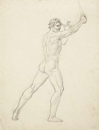 Estudio de desnudo masculino de perfil con un puñal en alto para La muerte de Viriato .José de Madrazo. Lápiz compuesto sobre papel verjurado, h. 1807