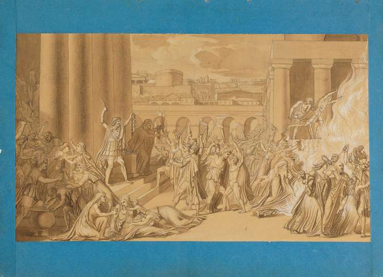 Modellino para La destrucción de Numancia .José de Madrazo.  Lápiz, carboncillo, pluma, aguada y albayalde sobre papel avitelado, h. 1807
