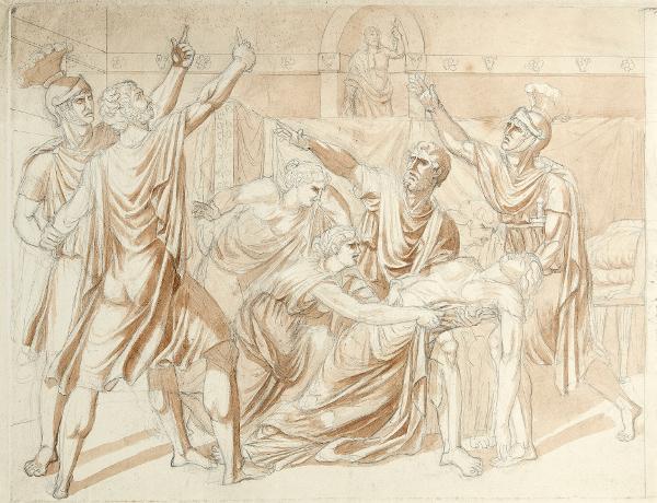 Modellino para La muerte de Lucrecia y el juramento de Bruto .José de Madrazo .Lápiz y aguada de tinta parda sobre papel continuo h. 1804