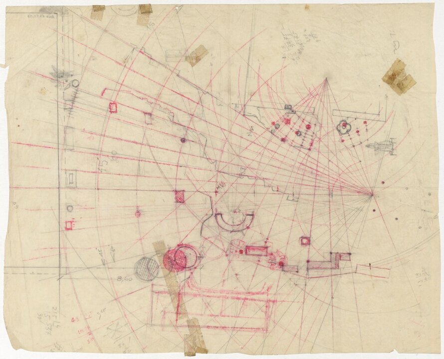 Dimitris Pikionis. Dibujo de la malla generatriz del diseño del camino alrededor de la Acrópolis de Atenas, 1954-1957