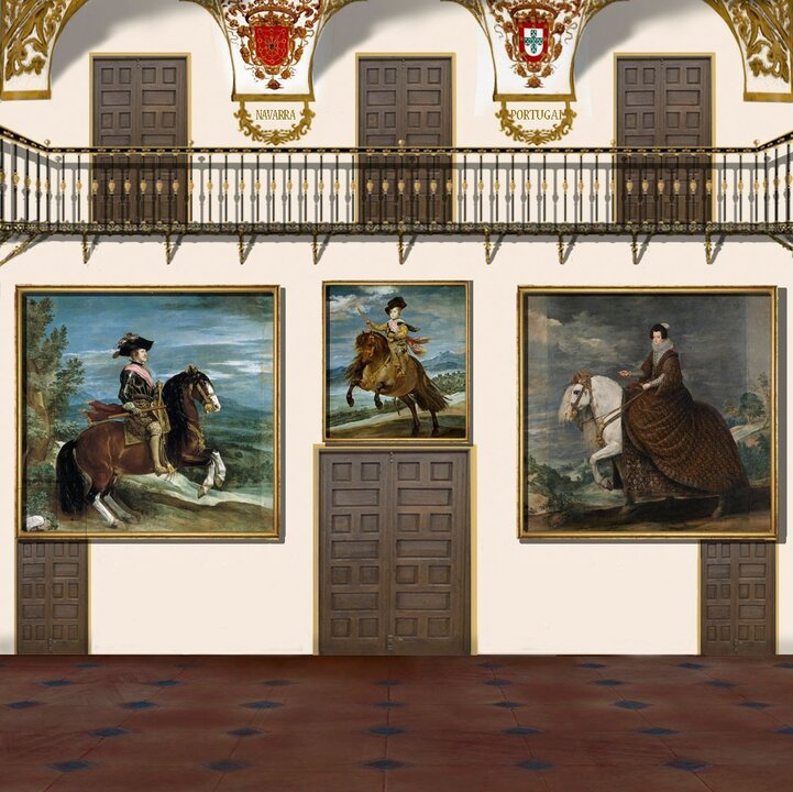 Recreaciones del testero de entrada (sureste) del Salón de Reinos después de la ampliación de los retratos de los reyes