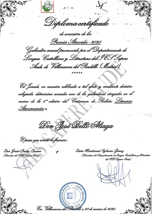 Diploma-certificado de concesión del Premio Atrevido 2025