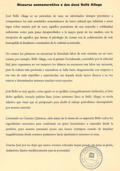 Discurso conmemorativo a José Belló Aliaga
