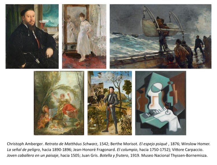 Christoph Amberger. Retrato de Matthäus Schwarz, 1542; Berthe Morisot.  El espejo psiqué, 1876; Vittore Carpaccio. Joven caballero en un paisaje, hacia 1505; Juan Gris. Botella y frutero, 1919