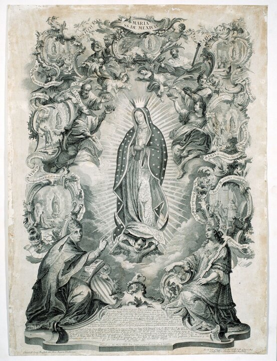 Alegoría del patronato de la Virgen de Guadalupe sobre la Nueva España Joseph Sebastian Klauber (h. 1700-1768) y Johann Baptist Klauber (1712-1787) Aguafuerte y buril h. 1754 Bienes propiedad de la Nación Mexicana. Secretaría de Cultura. Dirección General de Sitios y Monumentos del Patrimonio Cultural. Acervo del Museo de la Basílica de Guadalupe