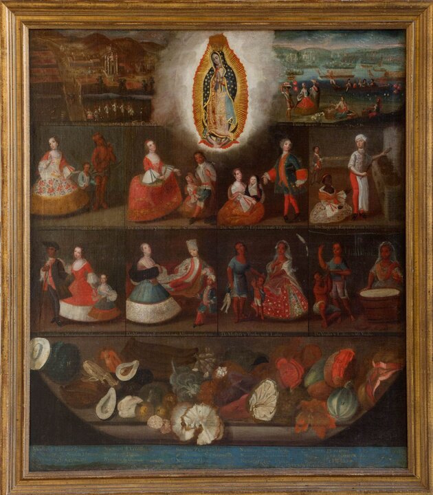 Cuadro de castas, vista de la colegiata de Guadalupe y vista del paseo de la Viga Luis de Mena (act. a mediados del siglo XVIII) Óleo sobre lienzo h. 1750 Madrid, Museo de América