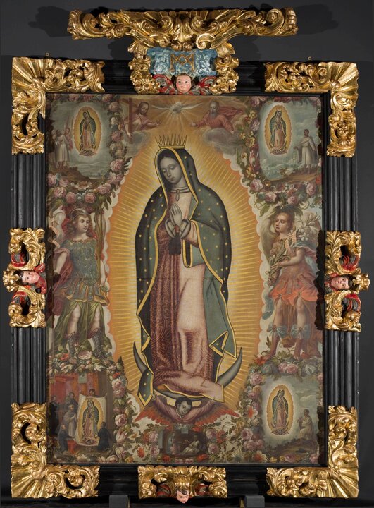 Virgen de Guadalupe con las cinco apariciones y los arcángeles Miguel y Gabriel Atribuido a Juan Correa (h. 1646-1716) h. 1700-16 Óleo sobre lienzo Villalón de Campos (Valladolid), parroquia de san Miguel Arcángel