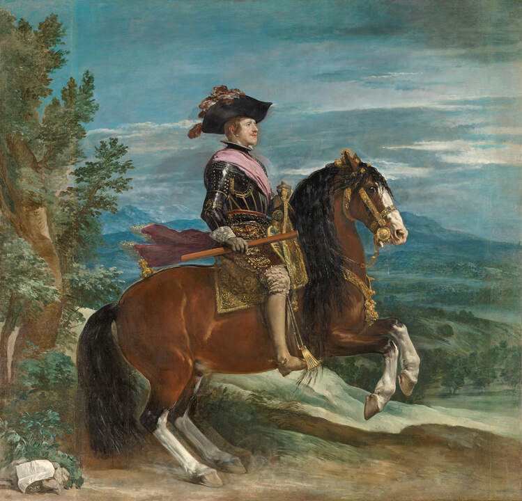 Felipe IV a caballo (después de la restauración) . Diego Velázquez . Óleo sobre lienzo, 303 x 317 cm. Hacia 1635