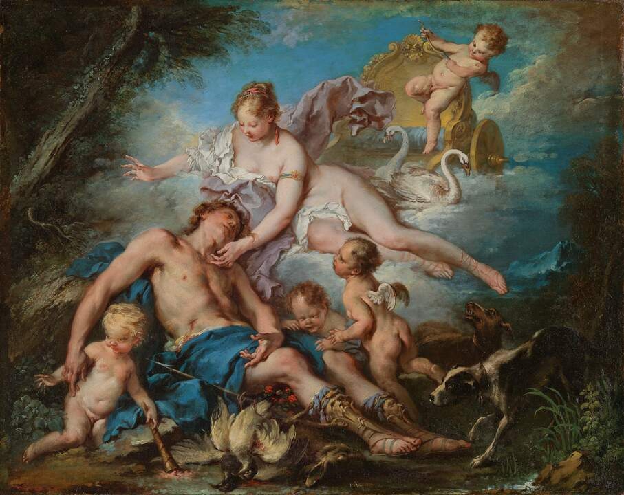 Muerte de Adonis. François Boucher . Óleo sobre lienzo, 65,3 x 81,6 cm. Hacia 1730