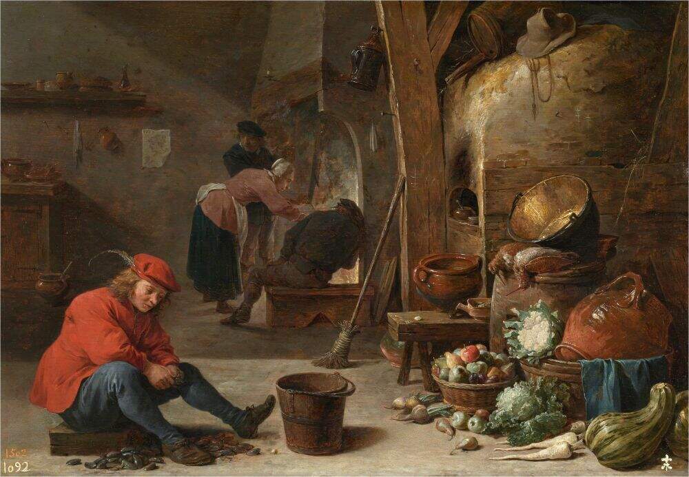 La cocina . David Teniers II . Óleo sobre tabla, 35 × 50 cm . 1643. Planta 2. Sala 77