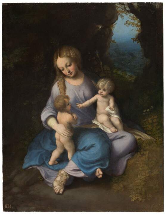 La Virgen, el Niño y san Juan. Correggio Óleo sobre tabla, 48 × 37 cm. 1515-17 . Planta 0. Sala 49