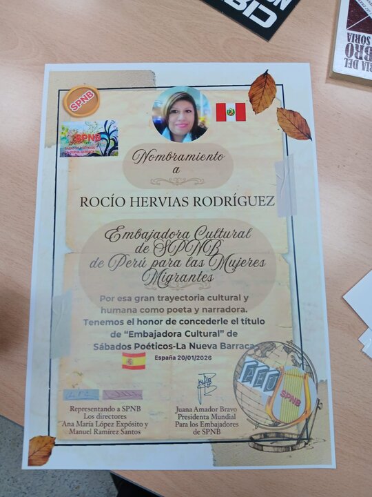 Nombramiento de "Embajadora de SPNB en Perú 
para las mujeres migrantes” a Rocio Hervias