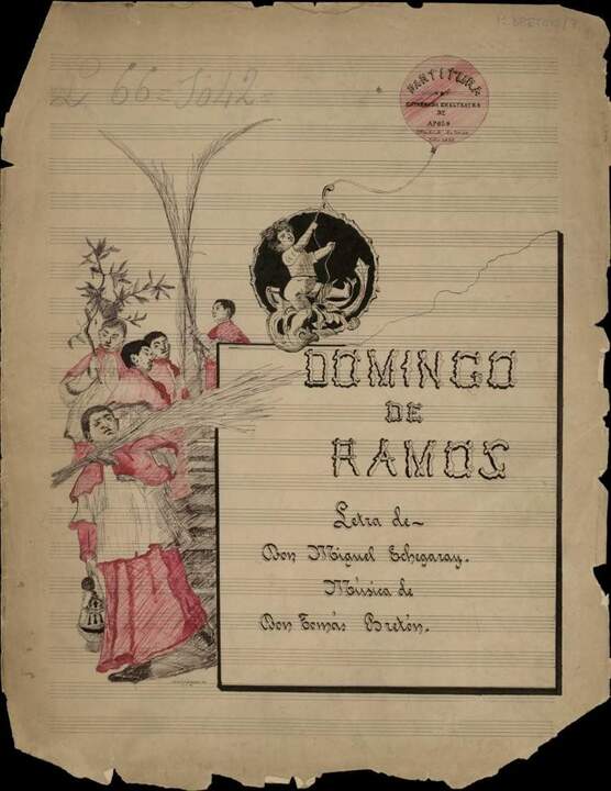 Imágenes del Diccionario de la Zarzuela : Portada de la partitura autógrafa de El domingo de Ramos - T. Bretón - Biblioteca Nacional de España