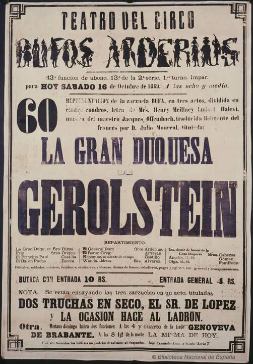 Imágenes del Diccionario de la Zarzuela : Cartel anunciando La gran duquesa de Gerolstein por la compañía de los Bufos Arderius en el Teatro del Circo - Biblioteca Nacional de España