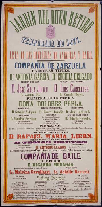 Imágenes del Diccionario de la Zarzuela:  Cartel anunciando una compañía de zarzuela en el Jardin del Buen Retiro - Biblioteca Nacional de España