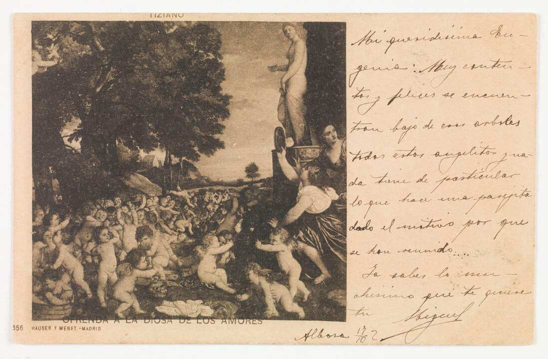 Ofrenda a Venus, de Tiziano. Hauser y Menet (act. 1890-1996). Tarjeta postal. Fototipia. Firmada. 1901 . Adquirida en 2009. HF-5594