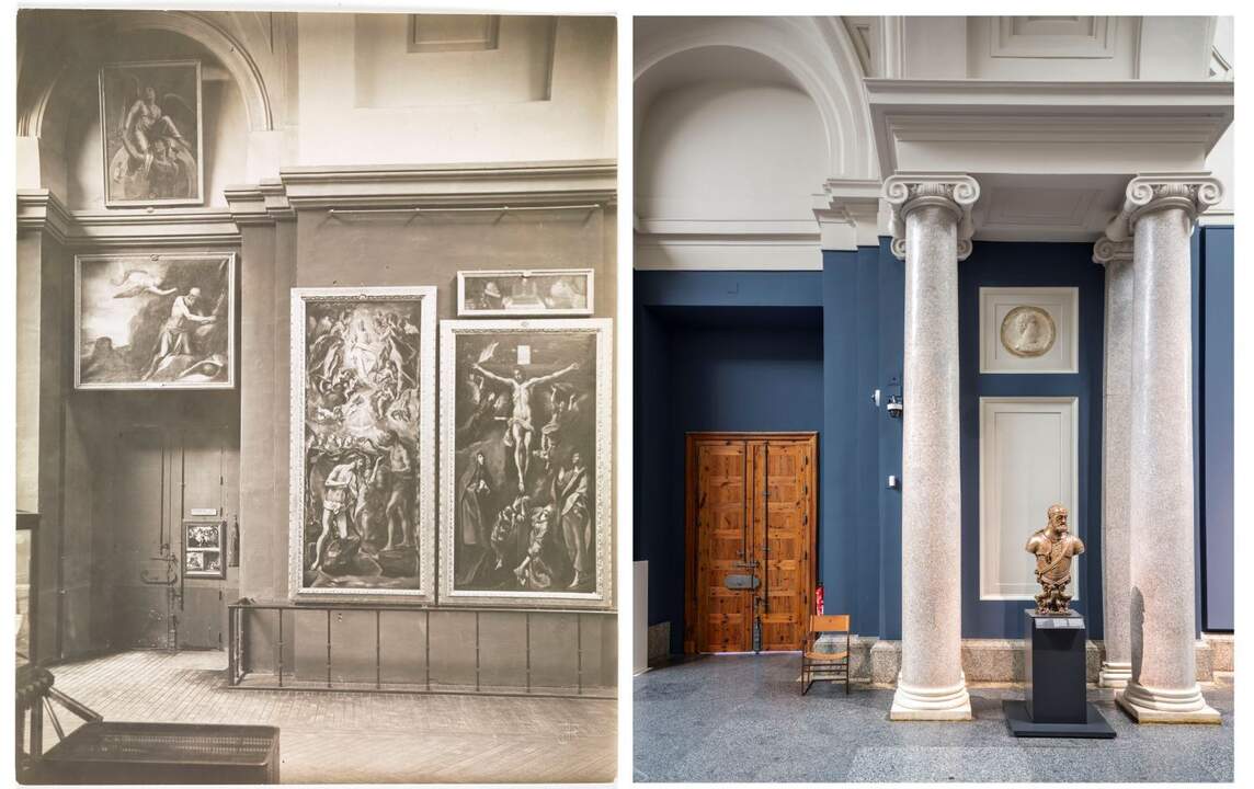 Vista de la galería central del Museo del Prado     con establecimiento para la venta de fotografías HF-1229 y vista actual