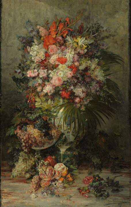 Flores y frutas. María Luisa de la Riva y Callol de Muñoz . Óleo sobre lienzo