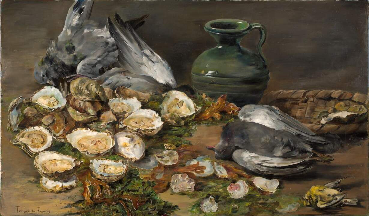 Bodegón de ostras con pájaros. Fernanda Francés y Arribas . Óleo sobre lienzo. Hacia 1897