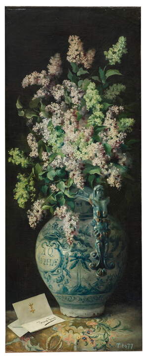 Jarrón de lilas . Fernanda Francés y Arribas . Óleo sobre lienzo . Hacia 1890