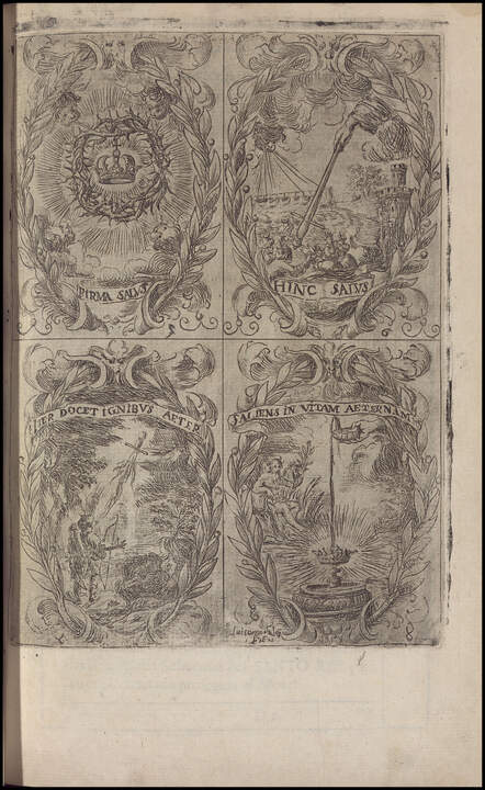 Mujer ilustradora. Emblemas, estampa al aguafuerte de Luisa Morales que ilustra el libro Fiestas de la S. Iglesia… de Sevilla al nuevo culto del ... rey S. Fernando el tercero de Castilla y de León, impreso en Sevilla por la viuda de Nicolàs Rodríguez en 1671