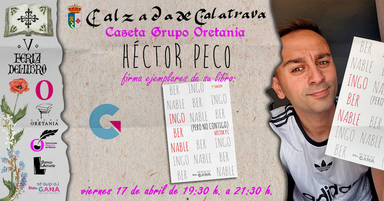 Cartel de la firma de Héctor Peco en la Feria del Libro de Calzada de Calatrava