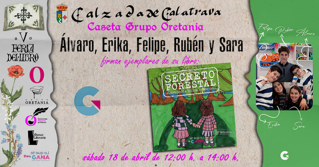 Cartel de la firma de Álvaro, Erika, Felipe, Rubén y Sara en la Feria del Libro de Calzada de Calatrava