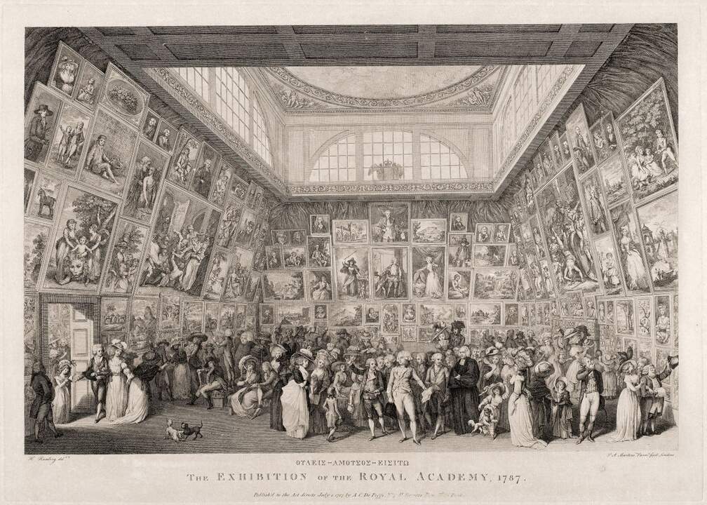 Exposición de la Royal Academy, Pietro Antonio Martini (grab.) y Johan Ramberg (inv.). Aguafuerte, 427 × 586 mm, 1787. Madrid, Museo Nacional del Prado