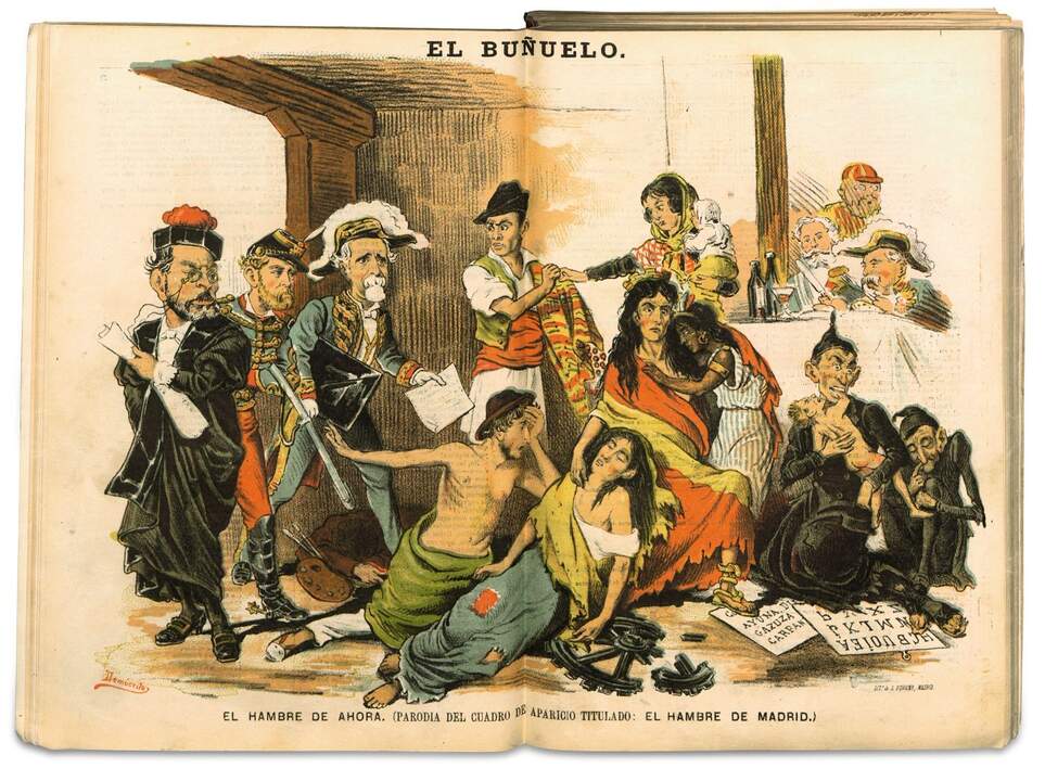 «El hambre de ahora», El Buñuelo, 15 de julio de 1880. Eduardo Sojo, Demócrito Madrid, Biblioteca Nacional de España