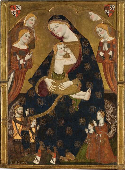 Virgen de la Humildad con los donantes Enrique II de Castilla, Juana Manuel, y dos de sus hijos (Virgen de Tobed) . Jaume Serra. Temple y pan de oro sobre tabla h. 1366-69 Madrid, Museo Nacional del Prado, donación de la familia Várez Fisa, 2013
