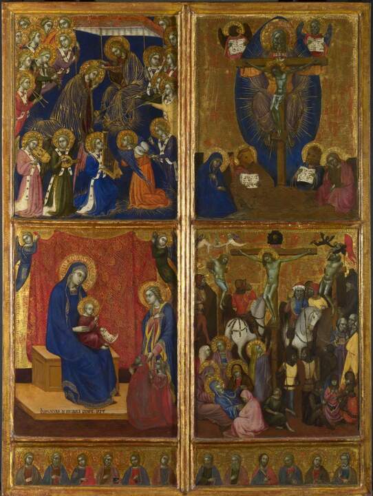 La Coronación de la Virgen; La Virgen con el Niño; La Trinidad; La Crucifixión y Los doce apóstoles. Barnaba da Modena. Temple y pan de oro sobre tabla 1374. Londres, The National Gallery. Presented by Rosalind, Countess of Carlisle, 1913