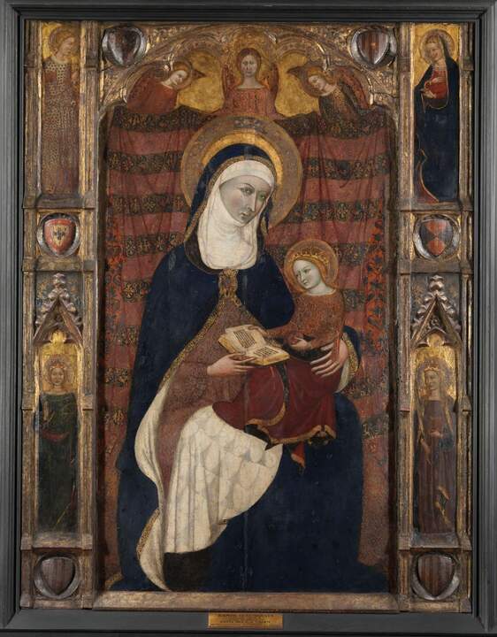 Santa Ana enseñando a leer a la Virgen. Ramon Destorrents, con intervención de Ferrer Bassa y Arnau Bassa. Temple y pan de oro sobre tabla h. 1343-58. Lisboa, Museu Nacional de Arte Antiga