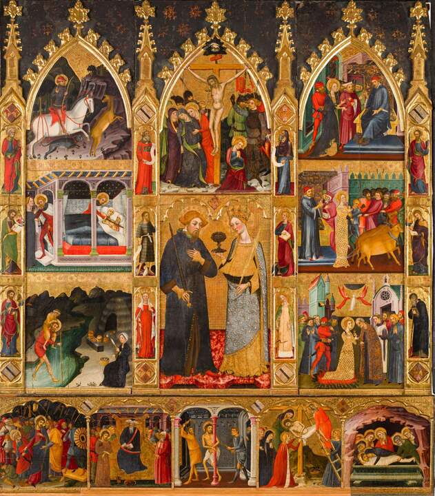 Retablo de San Julián y santa Lucía. Pere Serra y Jaume Serra. Temple y pan de oro sobre tabla h. 1384-85. Zaragoza, Monasterio de la Resurrección, Canonesas del Santo Sepulcro
