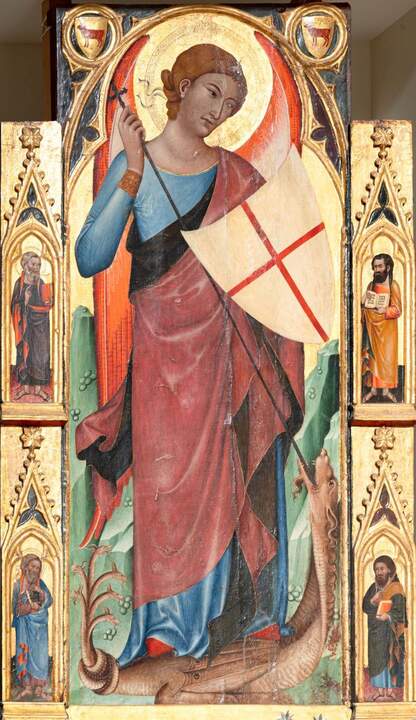 San Miguel Arcángel. Ferrer Bassa. Temple y pan de oro sobre tabla h. 1335. Sot de Ferrer (Castellón), iglesia parroquial de la Inmaculada Concepción
