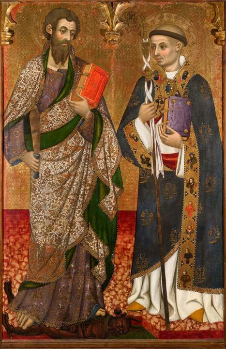San Bartolomé y san Bernardo de Claraval. Pere Serra . Temple y pan de oro sobre tabla h. 1395. Vic, Museu Episcopal de Vic