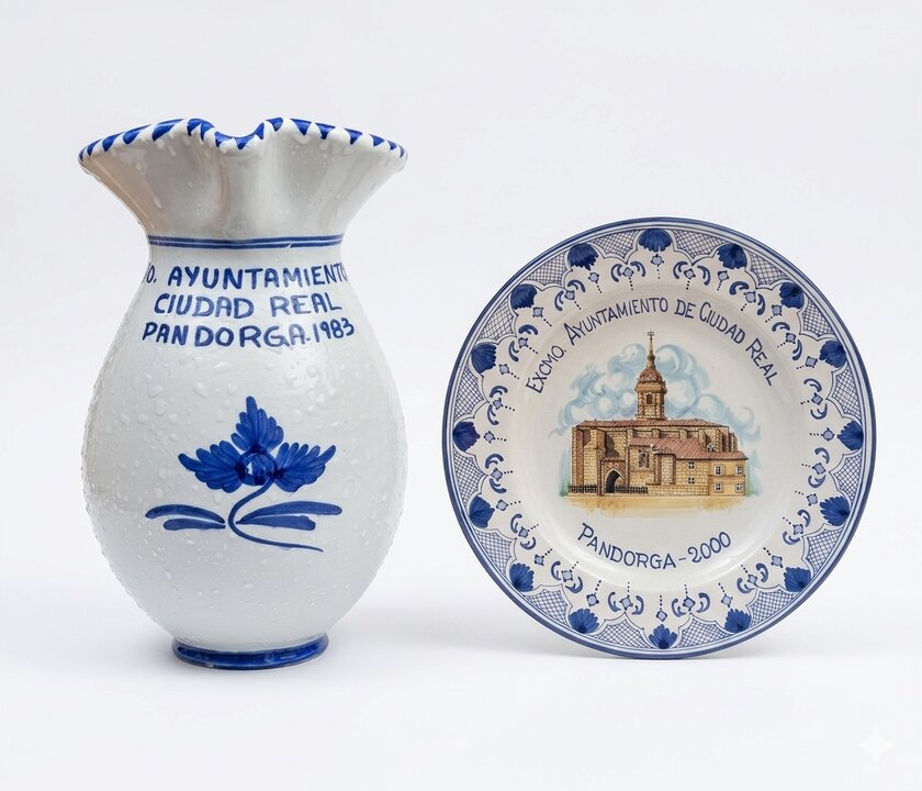 Jarra “Pandorga 1983” y Plato “Pandorga 2000” (cerámicas de Talavera). Excmo. Ayuntamiento de Ciudad Real